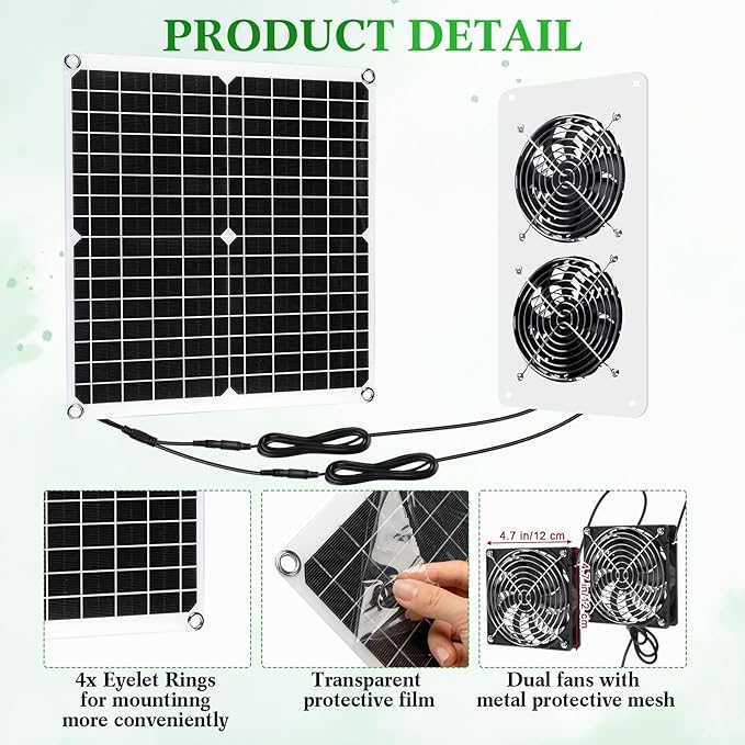 1 Set Solar Panel Fan Kit 25W 12V Solar Fans for Outside Greenhouse USB Portable Waterproof Dual Fan with Metal Shell for Inside Chicken Coop, Shed, Pet House