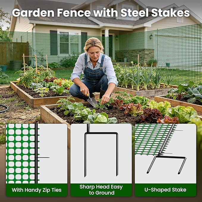 DoCred Plastic Fence with Stakes, 39.4in x 82ft Portable Poultry Fencing Net Mesh for Chickens & Dog, Temporary Gardening Fence Pet Barrier for Backyards, Vegetable Gardens, Lawn & Outdoor Decoration