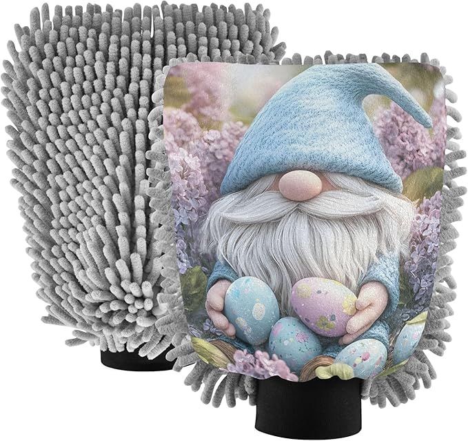 Wash Mitt for Car Washing Cute Easter Gnome Colorful Eggs Sponge Car Cleaning Kit Mitts Scratch Free Absorbent Chenille Microfiber, Medium x 2 Pack