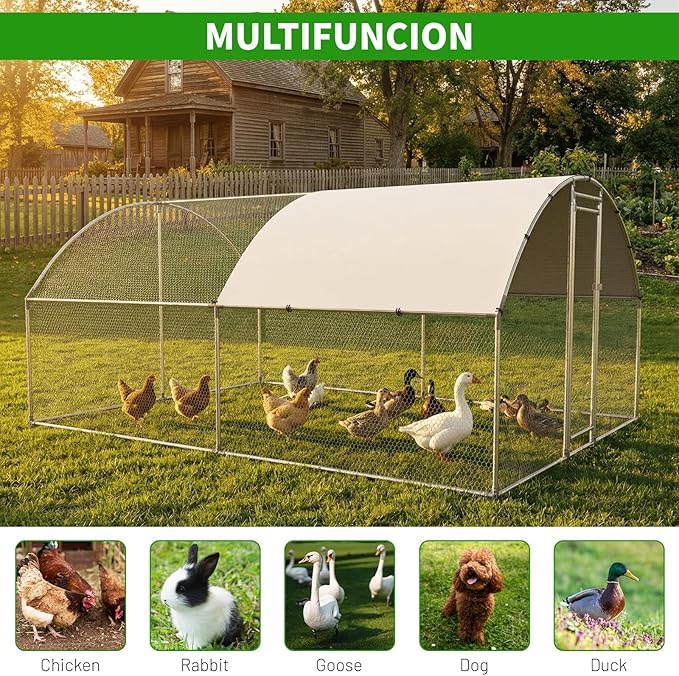 Large Metal Chicken Coop with Run, Walk-in Dome Roof Poultry Cage with Waterproof & Anti-UV Cover for Yard for Ducks & Rabbits
