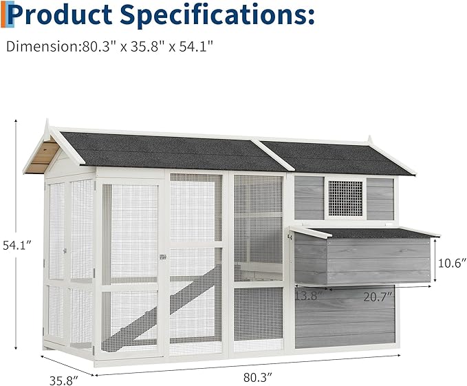 GarveeHome Chicken Coop Large Hen House for 4-6 Chickens Wooden Poultry Cage with Run, Ramp, Nesting Box, Wire Fence, Waterproof Asphalt Roof (80" x 35" x 54") Grey