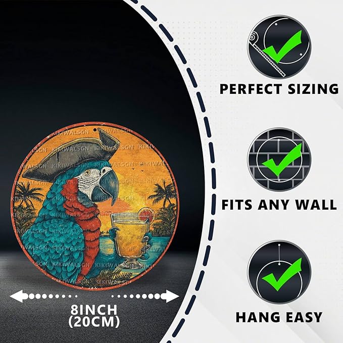 Vintage Parrot Round Metal Sign Retro Beach Tin Sign Nostalgic Rustic Wall Decor Kitchen Bar Man cave Living Room Bedroom Garage Bathroom 8 * 8 In