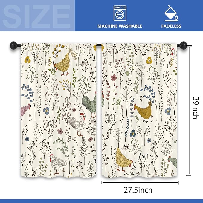Rooster Chicken Leaves Kitchen Curtains 27.5W x 39L Inch Plant Botanical Rustic Farmhouse Cottagecore Rod Pocket Short Small Window Treatment Drapes Decor 2 Panels