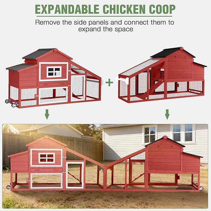 Mobile Chicken Coop with Run, Large Hen House Poultry Cage with Wheels, Nesting Box, Pull-Out Tray, Waterproof Roof, Red, 72.3" L x 26" W x 39.4" H, for 3-5 Chickens