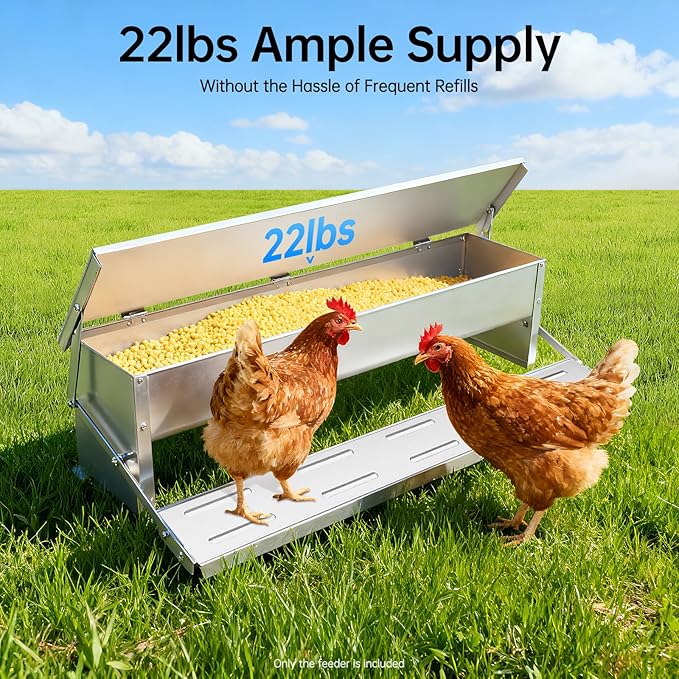Large Chicken Feeder, Automatic Treadle Chicken Feeder No Waste, Rat Proof Metal Poultry Feeders, Self-Opening Galvanized Steel Feeder Port for Chickens Ducks Geese