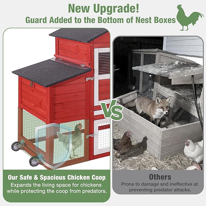 Chicken Coop for Outdoor - Poultry Cage with Wheels, Nesting Box, Leakproof Pull-on Tray, and Asphalt Waterproof Roof - Red