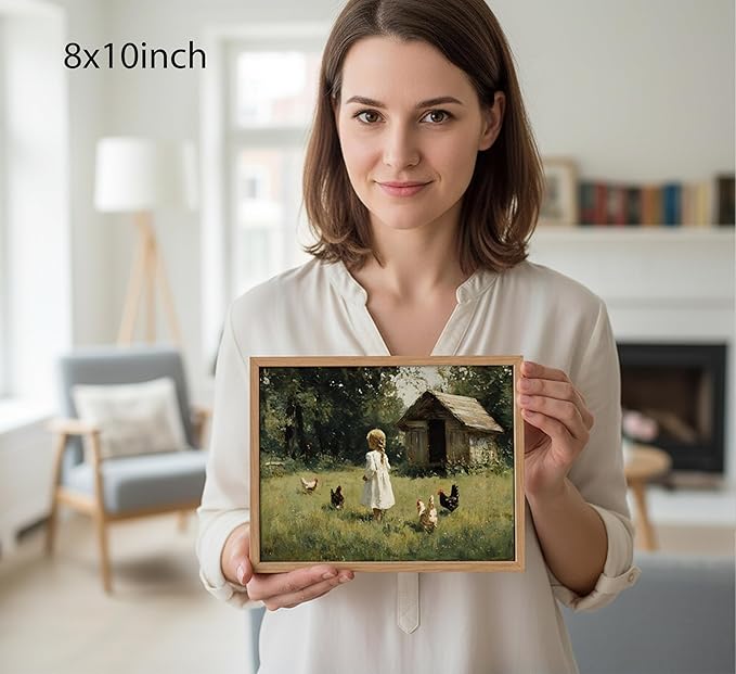 Framed Farm Girl Wall Art,Vintage Farmhouse Canvas Prints.Rural Cottagecore Chicken Picture Artwork,French Country Painting Wall Decor for Bedroom Living Room 8x10in