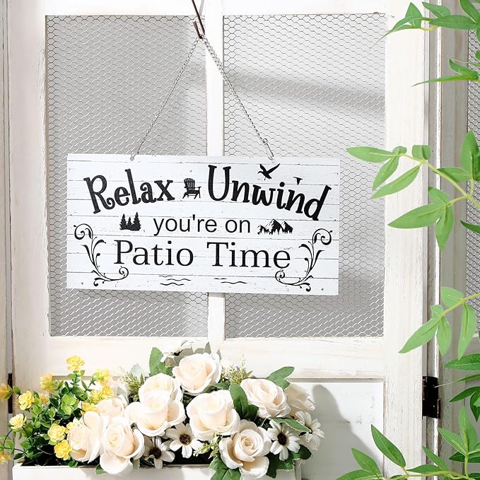 Hotop Patio Decor Patio Sign Decorations Outdoor Metal Porch Wall Decor Rustic Farmhouse Wall Art for Backyard Porch Balcony Gazebo Accessories(12 x 6",White)