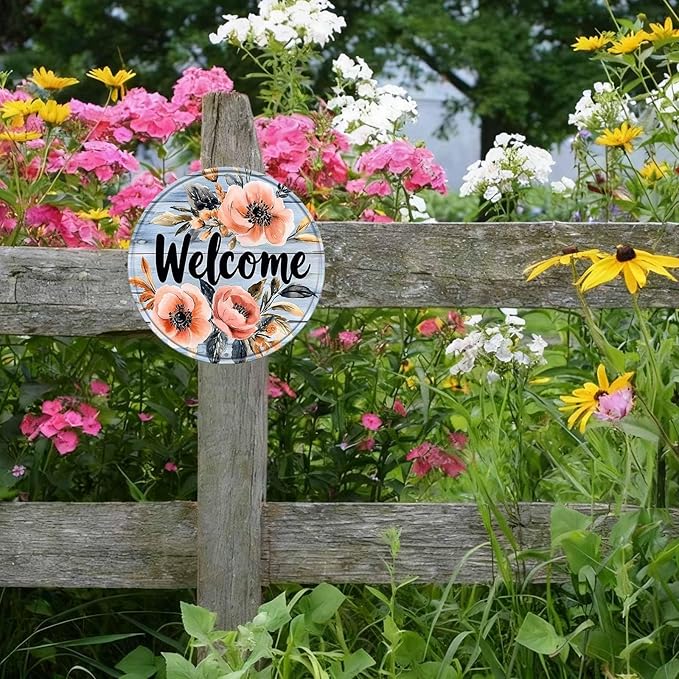 Round Welcome Aluminum Metal Tin Sign Wreath Vintage Farmhouse Wall Decor for Kitchen Backyard Home Outdoor Porch Gate 8x8inch