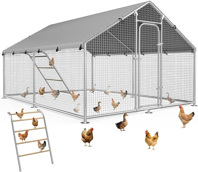 Large Metal Chicken Coop Run with Roosting Perch, Outdoor Poultry Cage with Heavy Duty Wire Mesh and UV-Resistant Cover for Chickens Use, Spire Roof (8.9'W x11.8'L x 6.6'H)