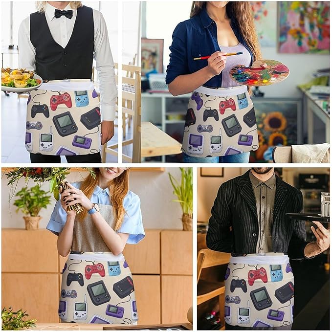 Unisex Chef Waiter Apron Waist Half Short Serving Aprons with 3 Pockets