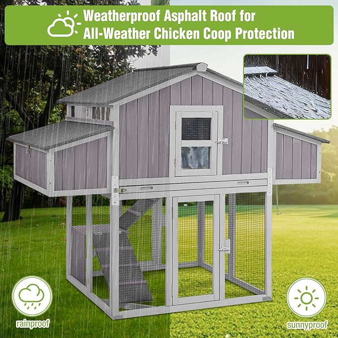 GUTINNEEN Large Foldable Chicken Coop Wooden with Nesting Boxes, Two-Tier Chicken House with Run, PVC-Covered Nest Box, Easy Clean Tray, Predator-Proof Outdoor Poultry Cage for 4–6 Chickens