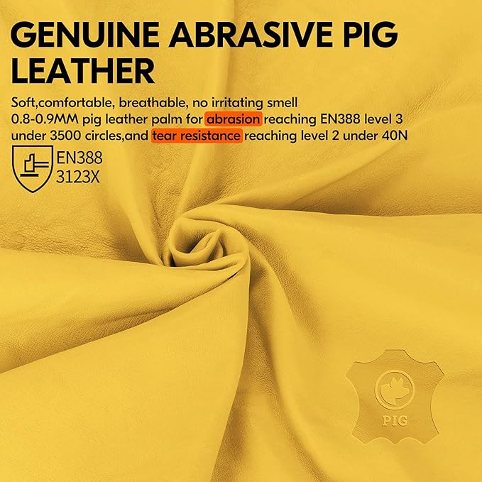 Vgo... 1-Pair Unlined Safety Pigskin Leather Work Gloves Men, Rigger Gloves, Builder Gloves (Size L, Yellow, PA9501)