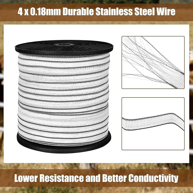 656 Ft/ 200 M Electric Fence Tape for Livestock with High Visibility Polytape Fencing Hot Wire Horse Electric Fence Kit with 4 x 0.18 mm Stainless Steel Conductors (3/4 Inch)