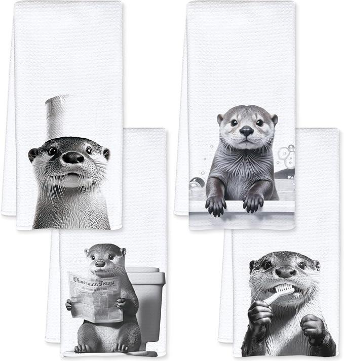 Funny Otter Bathroom Hand Towels, Otter Gifts for Women, Animal Lover Gifts, Black and White Cute Animal Hand Towels for Bathroom Washroom Restroom Decor, 16x24 Inch, Set of 4
