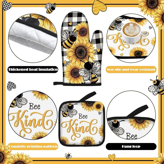 10 Pcs Farmhouse Kitchen Decor Set Dish Towels Kitchen Rugs Oven Mitts and Pot Holders for Cooking Baking Grilling Women Mom Daughter Gift(Yellow,Black,Bee Theme)