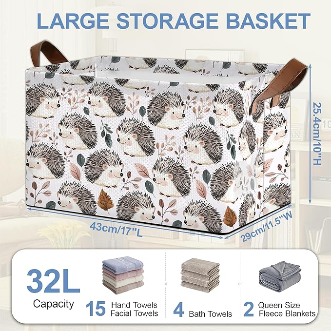 Cute Hedgehog Storage Basket,Leaf Collapsible Storage Bin Cubes for Living Room Bedroom Blankets Home Storage 17x11.5x10Inch