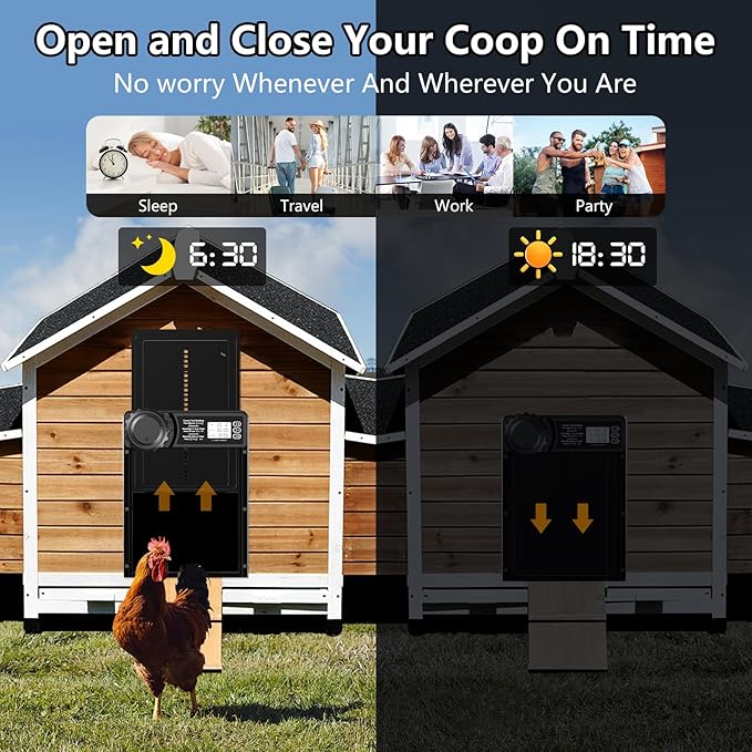 Automatic Chicken Coop Door, Battery Powered Chicken Door with Display Screen, Timer Function, Anti-Pinch Safety Design, Aluminum Alloy Auto Coop Door for Chickens