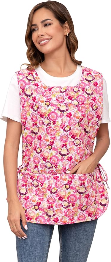 Nanxson Women Cobbler Apron with 2 Patch Pockets Cotton printed Smock with Side Ties for Work Chef kitchen CF3187