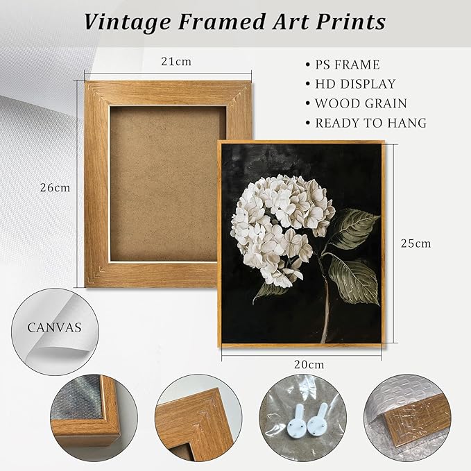 Vintage Flower Framed Wall Art Farmhouse Botanical Pictures Black White Hydrangea Painting Dark Floral Poster Rustic Plant Artwork White Hydrangea Pictures Antique Still Life Painting 8x10inch Framed