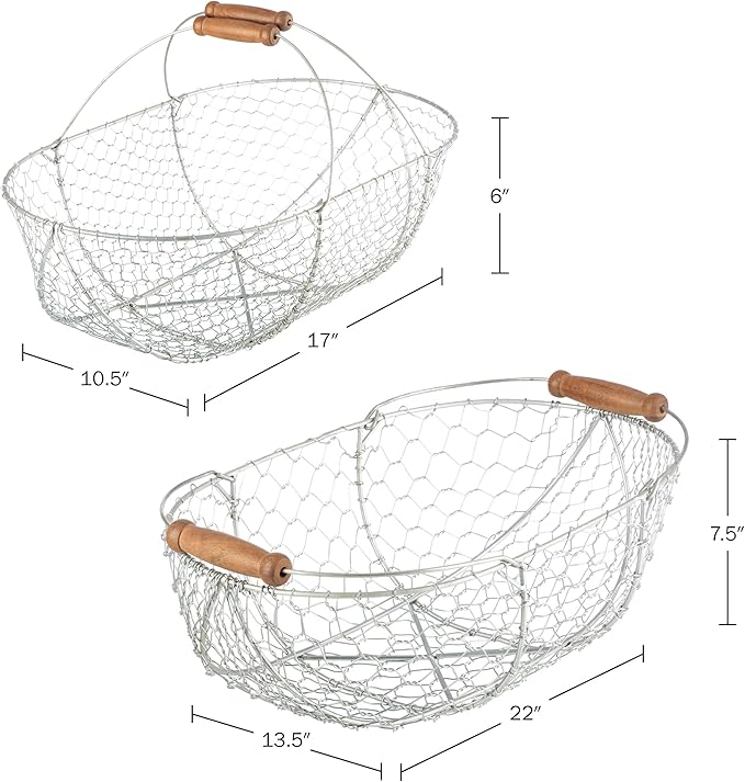 Garden Harvest Basket 2-Pack - Large and Small Gathering Hod for Veggies, Picnic or Farmhouse Decor - Rust-Resistant Mesh and Wood Handle Chicken Egg Basket for Collecting Eggs by Kings County Tools