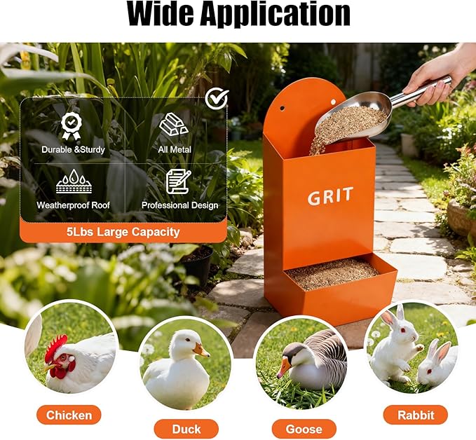 2Pack Chicken Grit and Oyster Shell Feeder,Heavy-Duty Metal Chicken Feeder with Lid Coop Accessories Supplies Hanging Gravity Poultry Feeders Trough for Strong Eggs