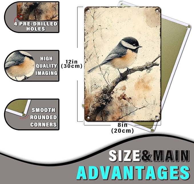 Chickadee Bird Chickadee Retro Wildlife Vintage Tin Sign Wall Art Decor for Home Living Room Kitchen Garden Bedroom Office Hotel Cafe And Pub Decoration 12x16inch
