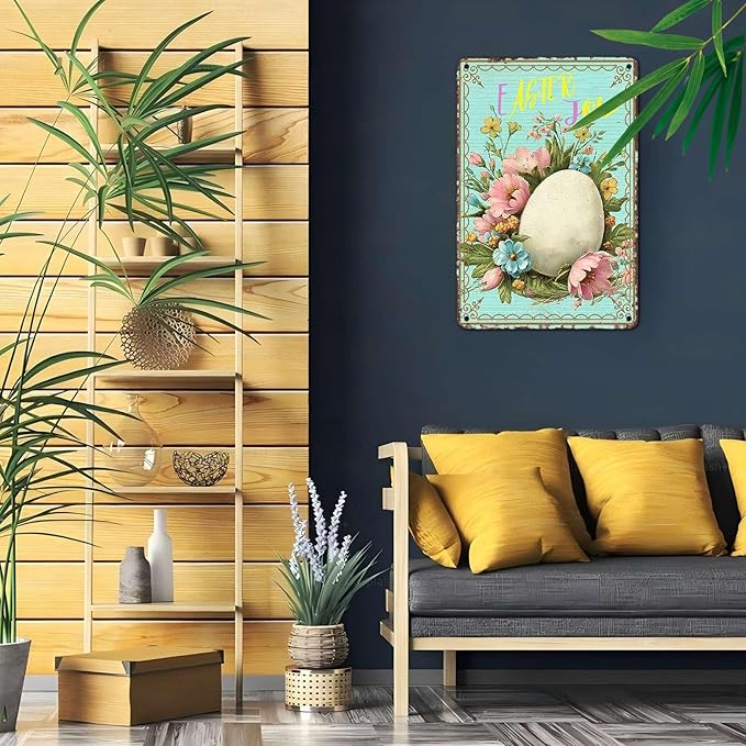 Easter Egg Retro Tin Sign Fun Metal Sign “Easter Joy” For Home Living Room Garden Yard Outdoor Wall 8X12Inch