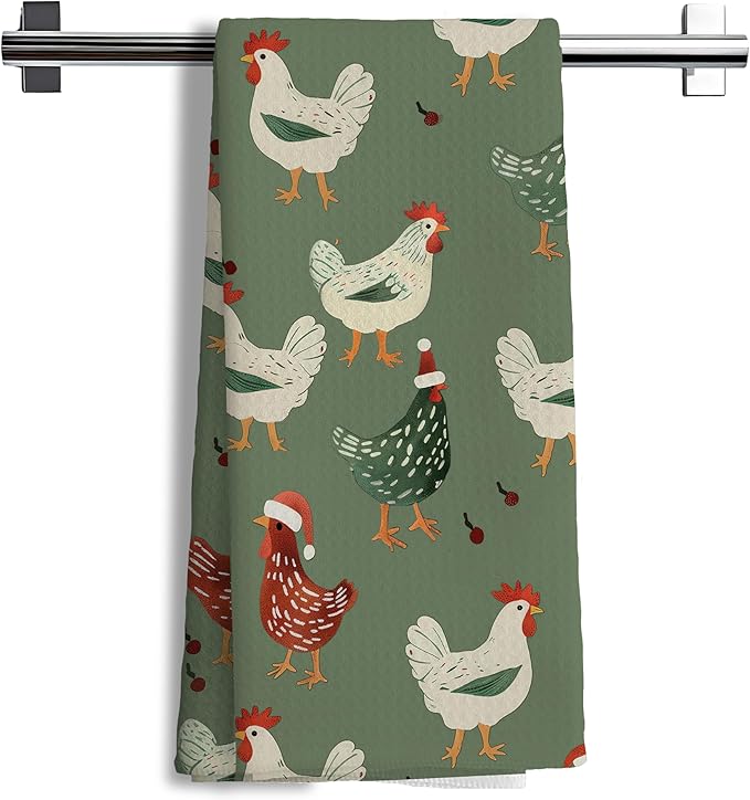 Funny Green Christmas Chicken Kitchen Towels,Chicken Gifts Farm Christmas Decorations Hand Towels for Bathroom,16x24 Inch