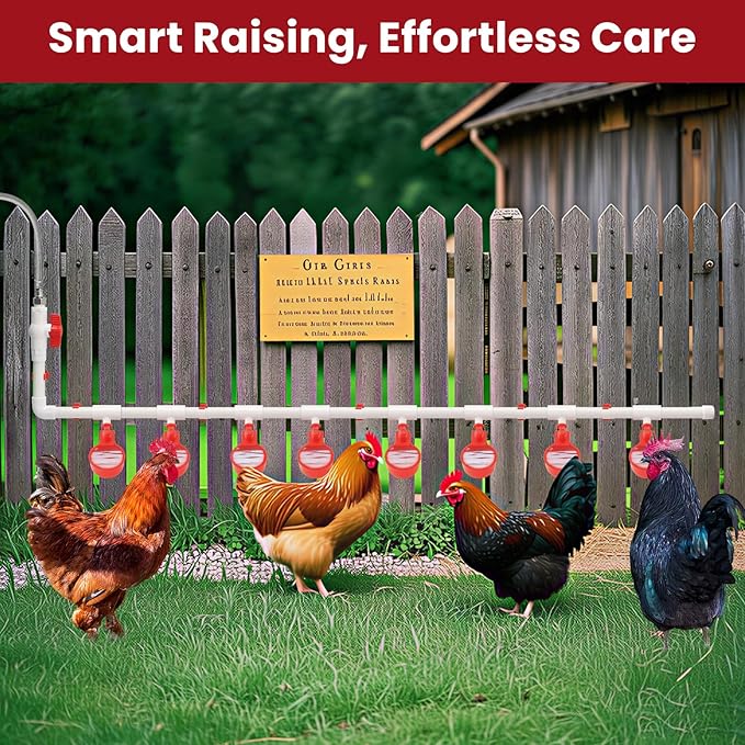 Automatic Chicken Waterer System Complete Set Pipeline Poultry Water Feeder with Water Cups, Float Valve, Garden Hose for DIY (Bucket Not Included)