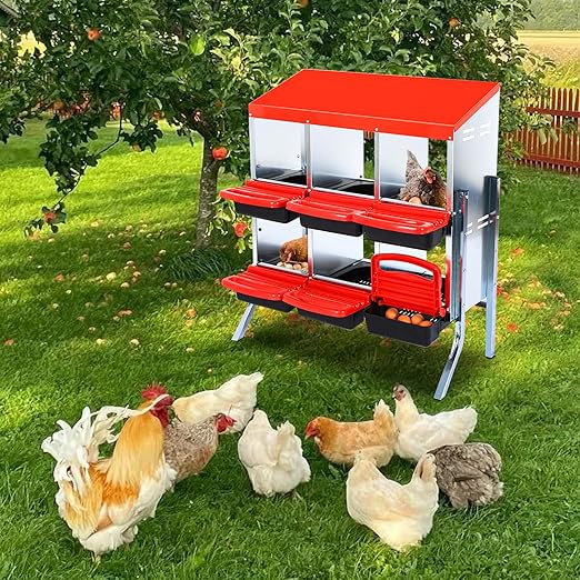 Garvee Chicken Nesting Boxes, 6 Hole Metal Chicken Laying Box with Removable Trays for Chicken Coop, Red, with Metal Legs