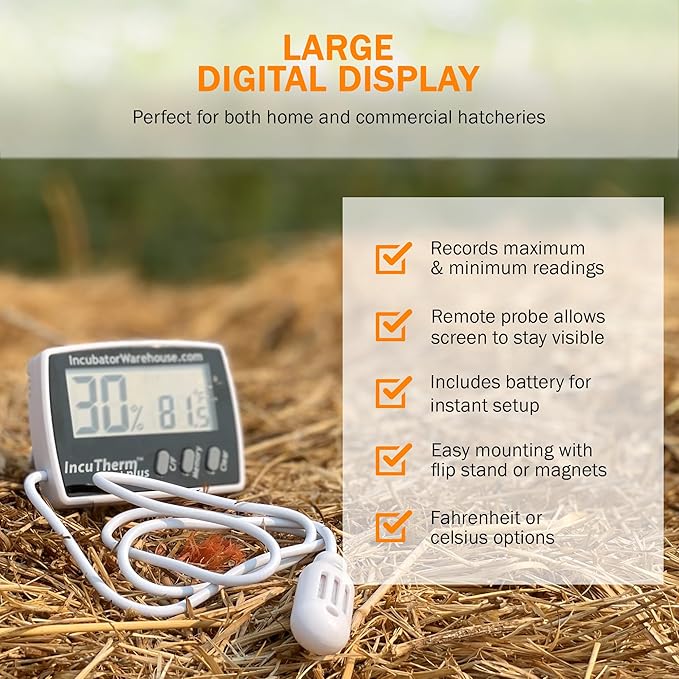 Incubator Warehouse IncuTherm™ Plus Digital Thermometer and Hygrometer for Egg Incubator - Large Digital Display with Min/Max Memory - Remote Probe - Reads Celsius and Fahrenheit +/-1° 1109 IWTH01