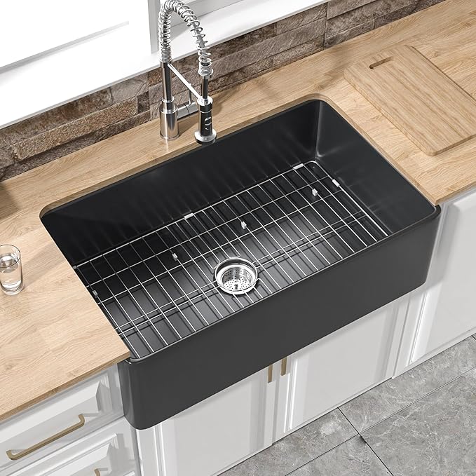 Black Farmhouse Sink 33 x 20 Inch, Firecaly Apron Front Undermount Farm Sink, Single Bowl, with Accessories 2 Types, Matte Black, for Kitchen