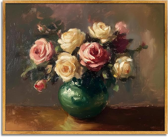 Flower Vase Wall Art Blooming Flowers Artwork Rustic Botanical Prints Vintage Floral Pictures Still Life Flowers Wall Art Farmhouse Botanical Poster Pink and White Floral Picture 8x10in Framed