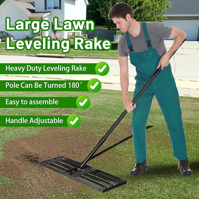 Lawn Leveling Rake 34"x10",Lawn Leveling Tool with 68" Long Adjustable Stainless Steel Handle for Leveling Soil,Grass,Sand or Dirt,Heavy Duty Lawn Leveler for Backyard,Garden,Golf Course,Farm,Pasture