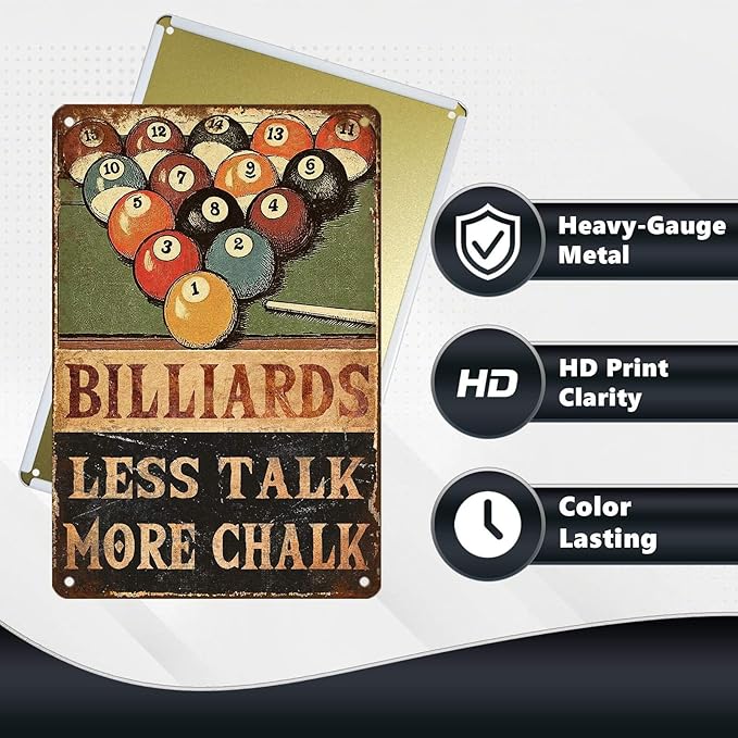 Retro Billiards Tin Sign Less Talk More Chalk Metal Wall Decor with 8 Ball & Pool Cue Decorations for Man Cave Game Room Basement Bar Pub Tavern Wall Art 12 * 8 In