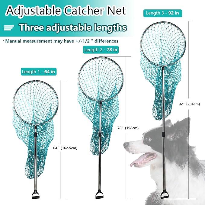 Dog Catch Net Animal Control Net Poultry Catching Trap Tool Length Adjustable for Cat, Pigeon and Others (42~70" Handle with 24.4" Net Opening) (Stainless Steel, Natural - Large)