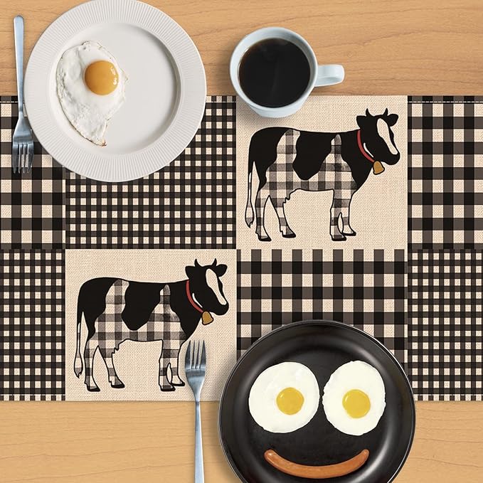 Seliem Buffalo Plaid Check Cow Table Runner, Farm Animals Kitchen Dining Table Decor, Farmhouse Burlap Home Decoration Indoor Outdoor Party Supply 13 x 72 Inches