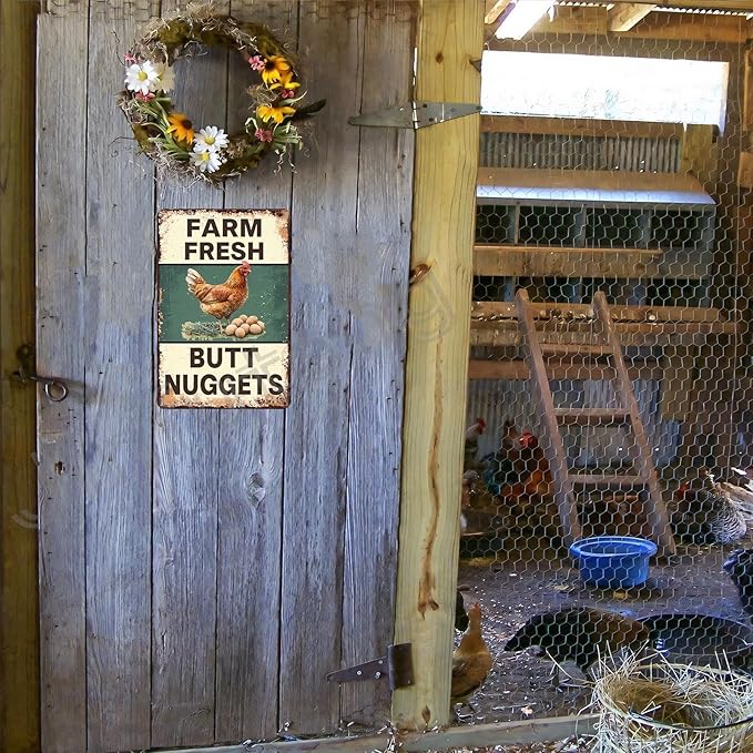 Funny Chicken Coop Sign Farm Fresh Butt Nuggets Tin Sign Vintage Metal Sign for Farm Yard Wall Decor Tin Sign 8x12 Inch