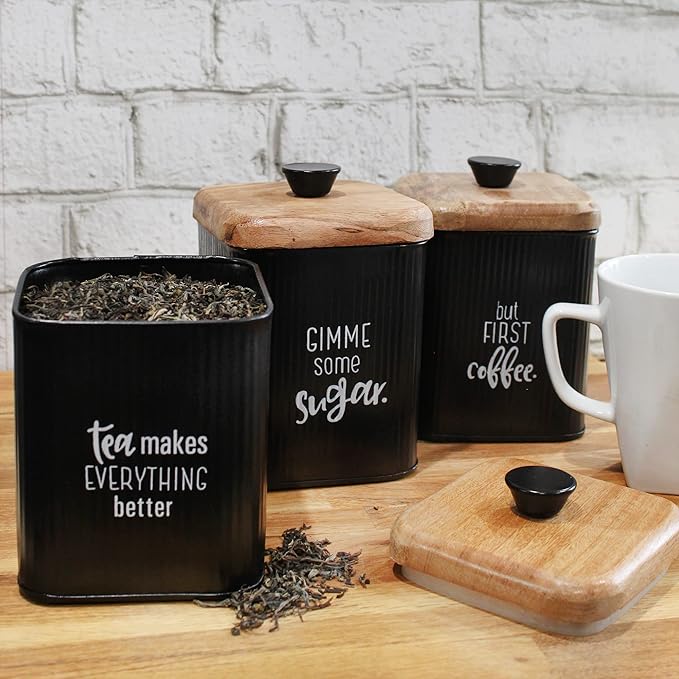 AuldHome Design Farmhouse Black Enamelware Canisters (Set of 3); Storage Containers for Coffee, Tea and Sugar in Black Enamel and Wood Design