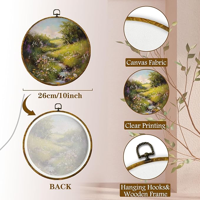 shiviody Rustic Wildflower Canvas Wall Art Decor, Countryside Floral Landscape Wall Decor, Wild Fields Floral Round Hanging Frame Prints Decorations for Farmhouse Living Room Bedroom 10"x10"