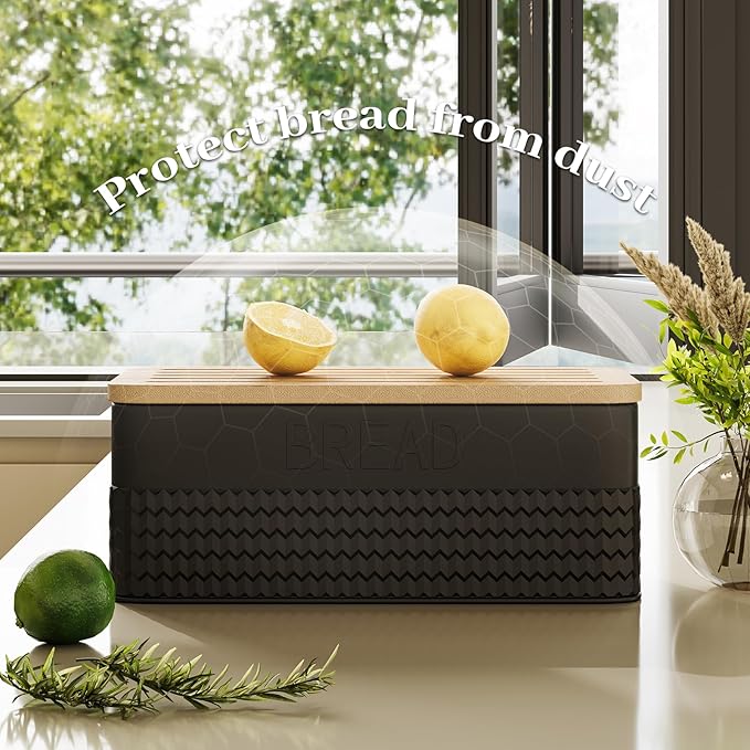 Bread Box for Kitchen Countertop - Metal Bread Storage with Bamboo Cutting Board Lid & Bread Knife, Corner Bread Container for Homemade Bread and Toast, Black