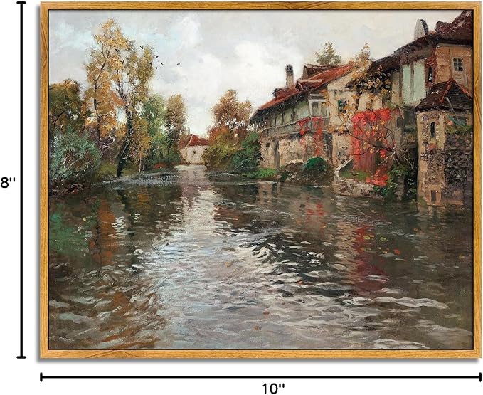 Vintage Farmhouse Framed Picture Nature Scenery Painting European Village Artwork River Village Wall Art French Landscape Canvas Colorful Farmhouse Pictures English Country Wall Art 8x10inch Framed