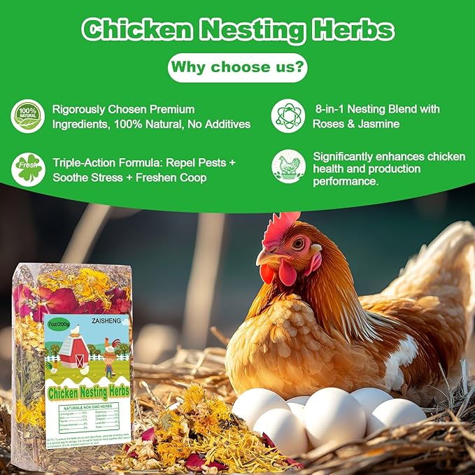 7 oz Chicken Nesting Herbs – 10 Natural Dried Blend, Lavender Rose Mint Mix, Helps Reduce Odors and Freshen Coop Naturally, Relaxing & Calming Herbs for Happy Hens