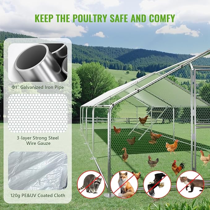 Large Metal Chicken Coop, 10x26x6.5FT Chicken Runs for Yard with Cover and Roosting Perch, Split Doors Walk in Chicken Coop