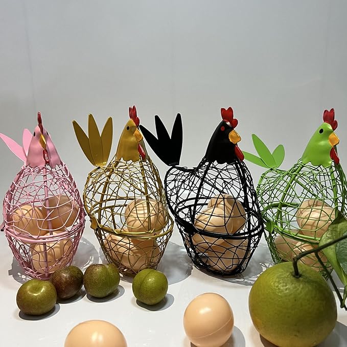 Wire Chicken Egg Basket for Desktop Decorative Ornaments,Egg Holder Chicken Shape Metal Egg Basket for Kids Gathering Fresh Eggs Farmhouse Rooster Wire Basket for Kitchen Countertop Decoration (Green)
