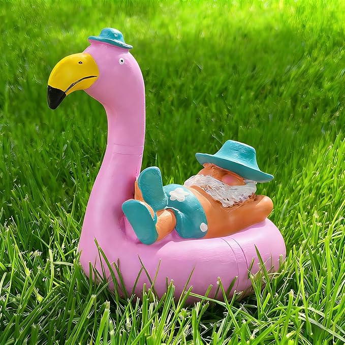 Teaeeno Garden Gnome on Flamingo - Funny Gnome Figurine - Cute Gnome Lawn Statue - for Outdoor or House Decor