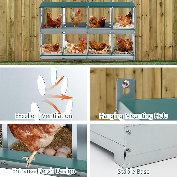 Chicken Nesting Boxes for Laying Eggs, Wall Mount Metal Poultry Nest Box for Hens, Large Vented Holes Chicken Coop Box, Galvanized Steel Nesting Boxes for Hens (Green, 8 Compartment)