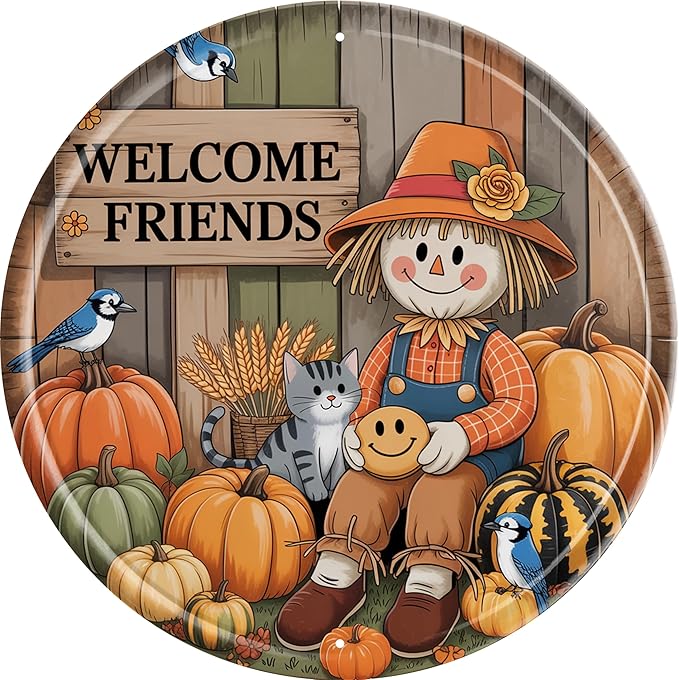 AWISZZZ Welcome Friends Metal Sign 8x8in Round Rustic Plaque for Farmhouse Entryway Wall Decor Hospitality Gift