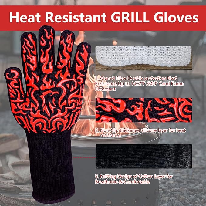 UBeesize Lengthen BBQ Gloves (Phoenix), 1472°F Heat Resistant Grill Glove, 14 inch Fireproof Oven Gloves for Cooking, Non-Slip Fire Glove for Grilling, Barbecue, Smoker, Baking, Frying